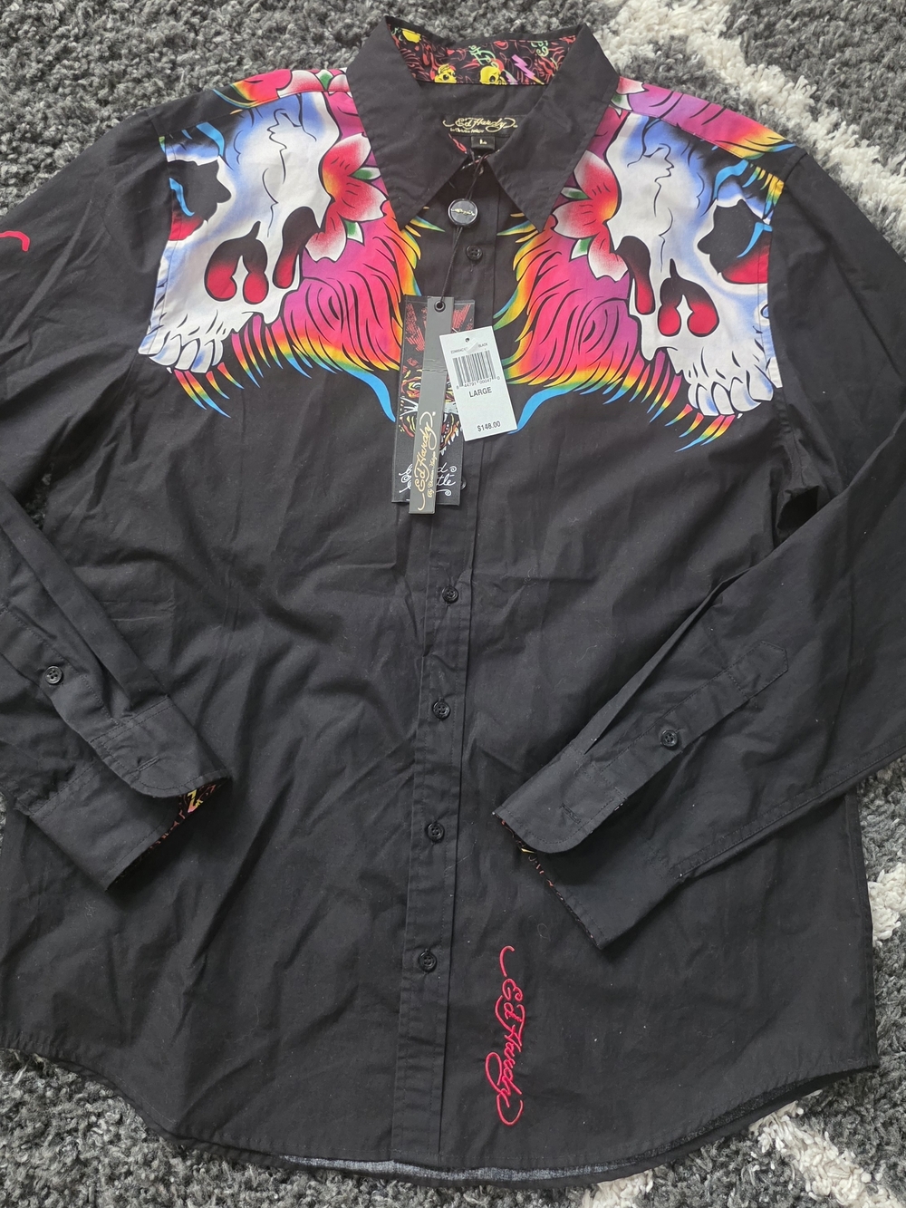 Ed Hardy Black Button-Up Shirt with Neon Skull Shoulder Artwork Size Large